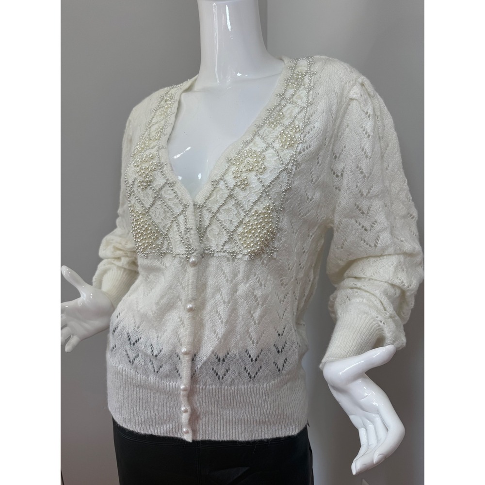 Commense Pearl Embellished Cardigan Sweater,‎ Elegant Knitwear,  Off White M - Picture 7 of 9